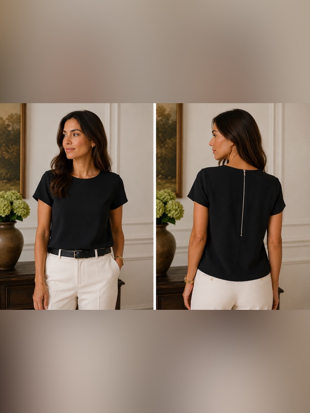 Diane Von Furstenberg Women’s Black Top 8 Zipper Back Blouse Minimalist Office